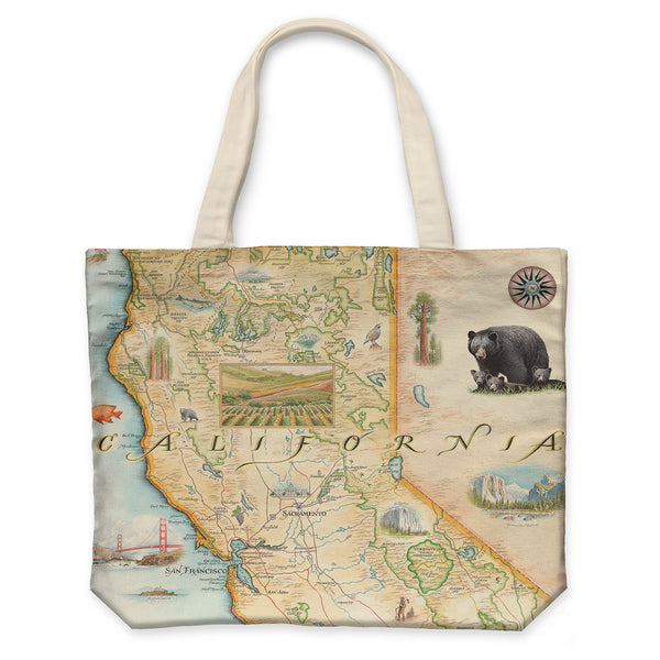 California State Map Canvas Tote Bag in earth tone colors. Featuring San Francisco, Sacramento, Los Angeles, Golden Gate Bridge, Pacific Ocean, Redwoods, and Yosemite National Park. Flora and Fauna illustrations include flowers, artichokes, grapes, a black bear, whales, fish, an octopus, and a turtle.