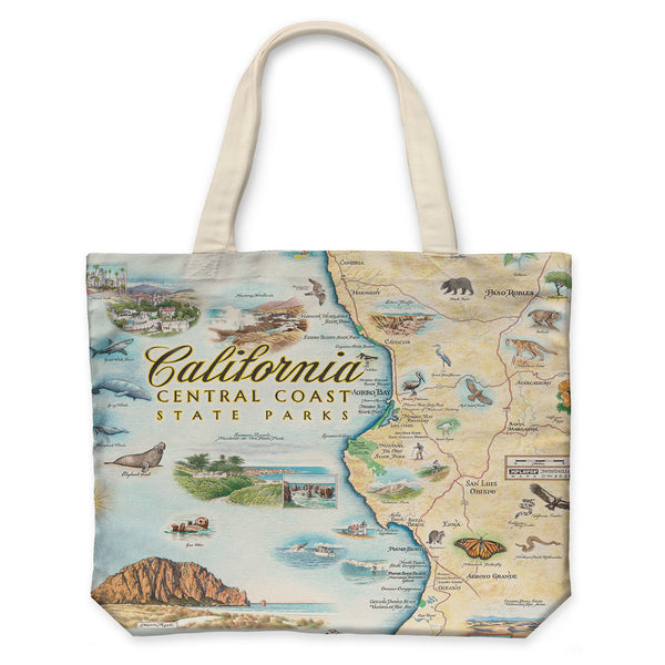 California Central Coast State Map Canvas Tote Bag in earth tones. Featuring birds whales, seals, otters, and butterflies. Cultural history is rich in the area with the fame of Hearst Castle, Ranchers of Montana De Oro, Dunites of Oceano Dunes, and Native people that have lived on this land for thousands of years from San Francisco to Los Angeles. Some cities you will find are Arroyo Grande, San Luis Obispo, Morro Bay, and Paso Robles. 