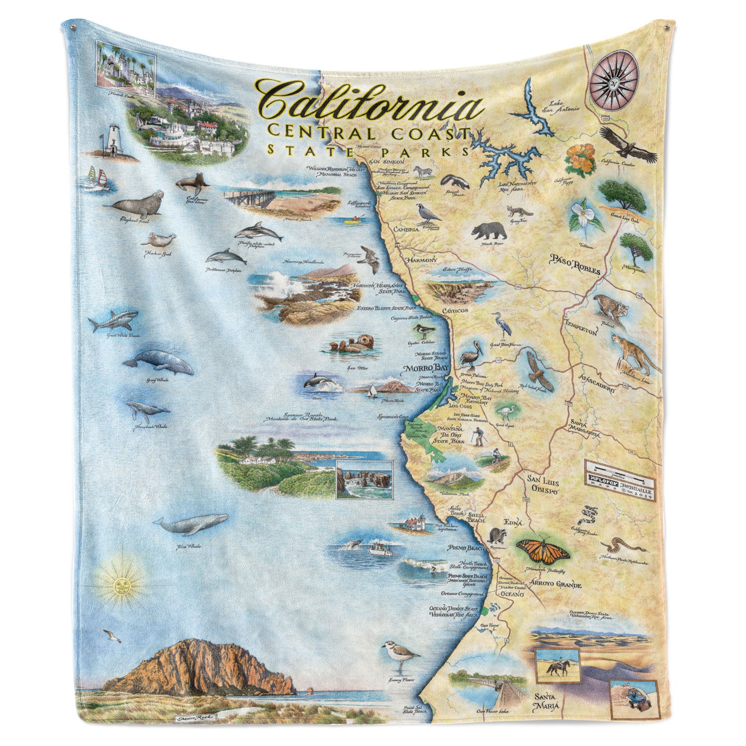 Hanging fleece blanket. Stunning, full color map of California Central Coast State Parks on a warm fleece blanket. Measures 58