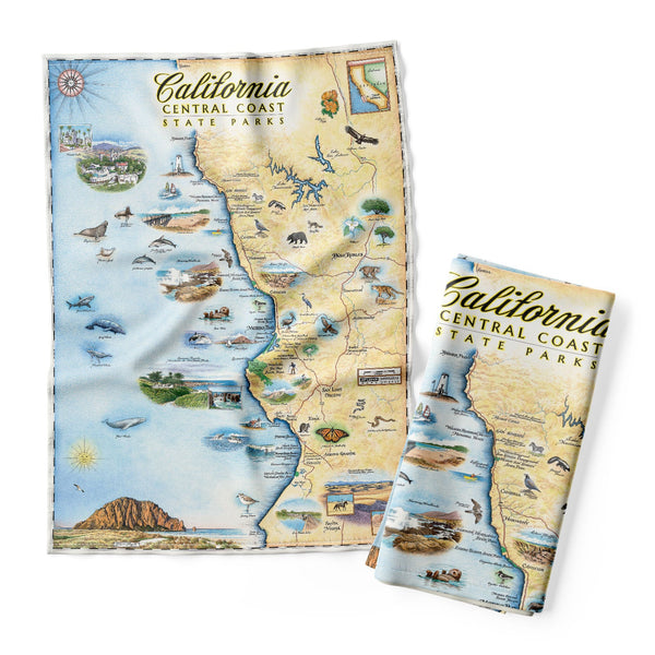 California Central Coast State Parks Map Kitchen Dishtowels in earth tones. Featuring wildlife viewing is abundant with sea life, birding, and terrestrial creatures. Cultural history is rich in the area with the fame of Hearst Castle, Ranchers of Montana De Oro, Dunites of Oceano Dunes, and Native people that have lived on this land for thousands of years from San Francisco to Los Angeles.