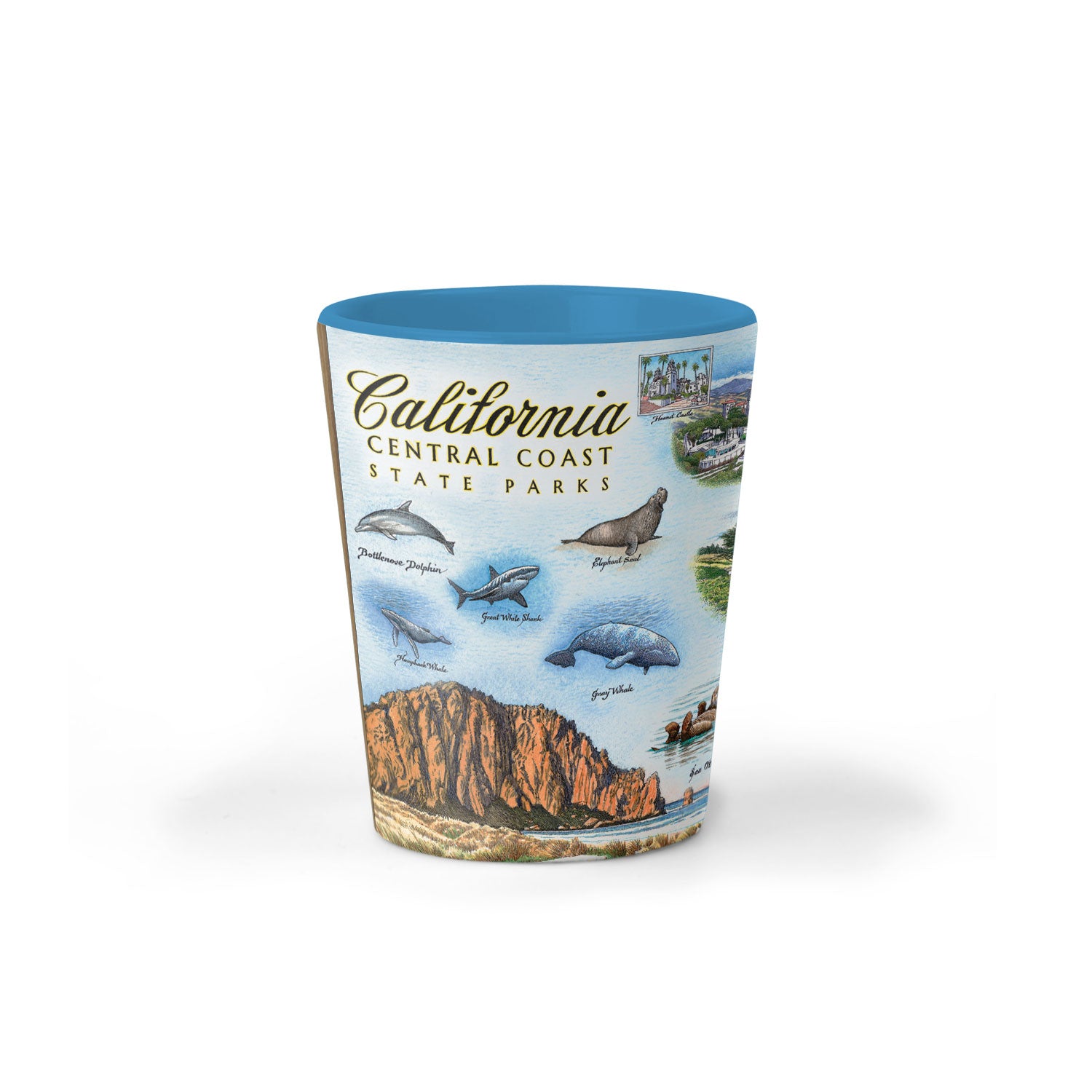 California Central Coast State Map Ceramic shot glass in earth tones. Wildlife viewing is abundant with sea life, birding, and terrestrial creatures. Cultural history is rich in the area with the fame of Hearst Castle, Ranchers of Montana De Oro, Dunites of Oceano Dunes, and Native people that have lived on this land for thousands of years from San Francisco to Los Angeles. See butterflies, bears, seals, otters, whales, and more!
