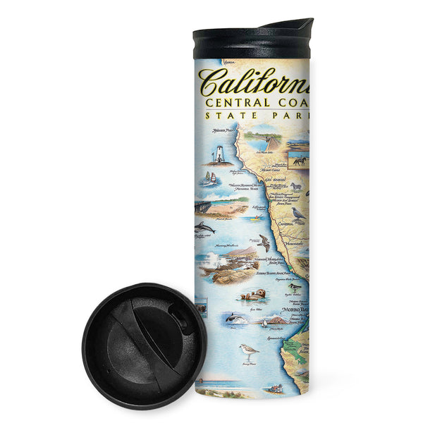 California Central Coast State Map Travel Drinkware by Xplorer Maps. Wildlife viewing is abundant with sea life, birding, and terrestrial creatures. Cultural history is rich in the area with the fame of Hearst Castle, Ranchers of Montana De Oro, Dunites of Oceano Dunes, and Native people that have lived on this land for thousands of years from San Francisco to Los Angeles. See butterflies, bears, seals, otters, whales, and more!