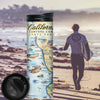 California Central Coast State Map Travel Drinkware by Xplorer Maps. The backdrop of the photo is of a sufer on the beach. Wildlife viewing is abundant with sea life, birding, and terrestrial creatures. Cultural history is rich in the area with the fame of Hearst Castle, Ranchers of Montana De Oro, Dunites of Oceano Dunes, and Native people that have lived on this land for thousands of years from San Francisco to Los Angeles. See butterflies, bears, seals, otters, whales, and more!