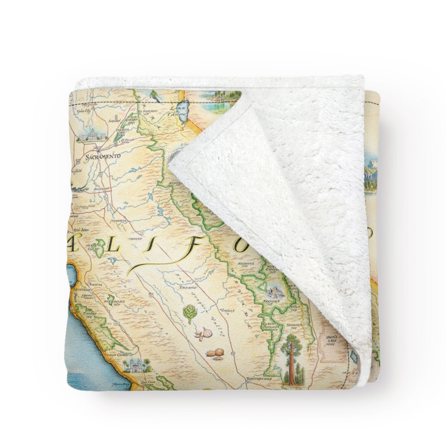 California State Map Fleece Blanket in earth-tones. It features major cities of Sacramento, San Francisco, Los Angeles, San Diego, Hollywood, and more. Aquatic life such as whales, sea turtles, and an abundance of fish species. National Parks and attractions are also illustrated such as Yosemite, Sequoia Disneyland, Redwood Forest, Golden Gate Bridge and Death Valley. 