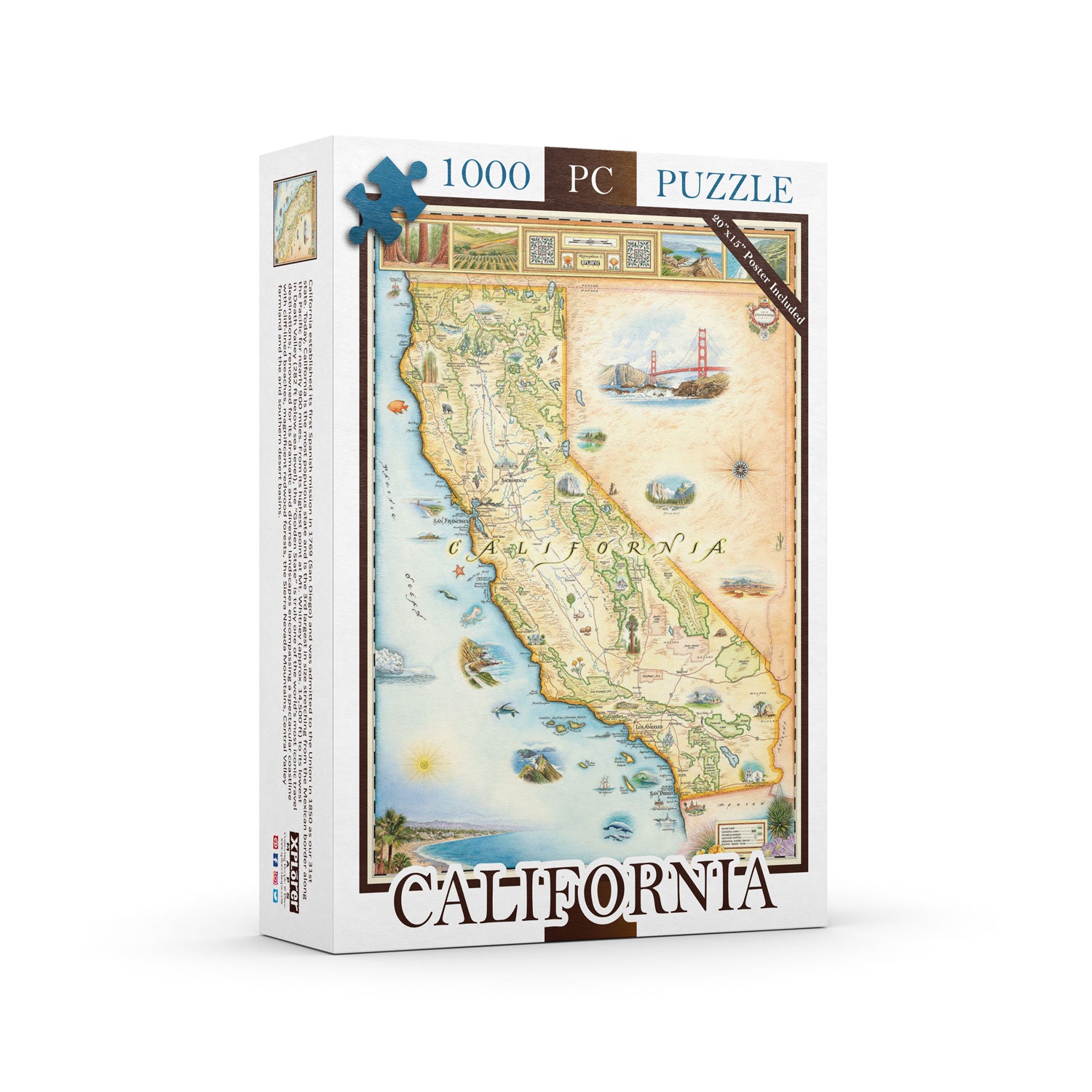 California State Map 1000-piece jigsaw puzzle. California State Map 1000-piece jigsaw puzzle. The map features a black bear, fish, San Francisco, the ocean, the beach, Redwood Trees, and the Golden Gate Bridge. 