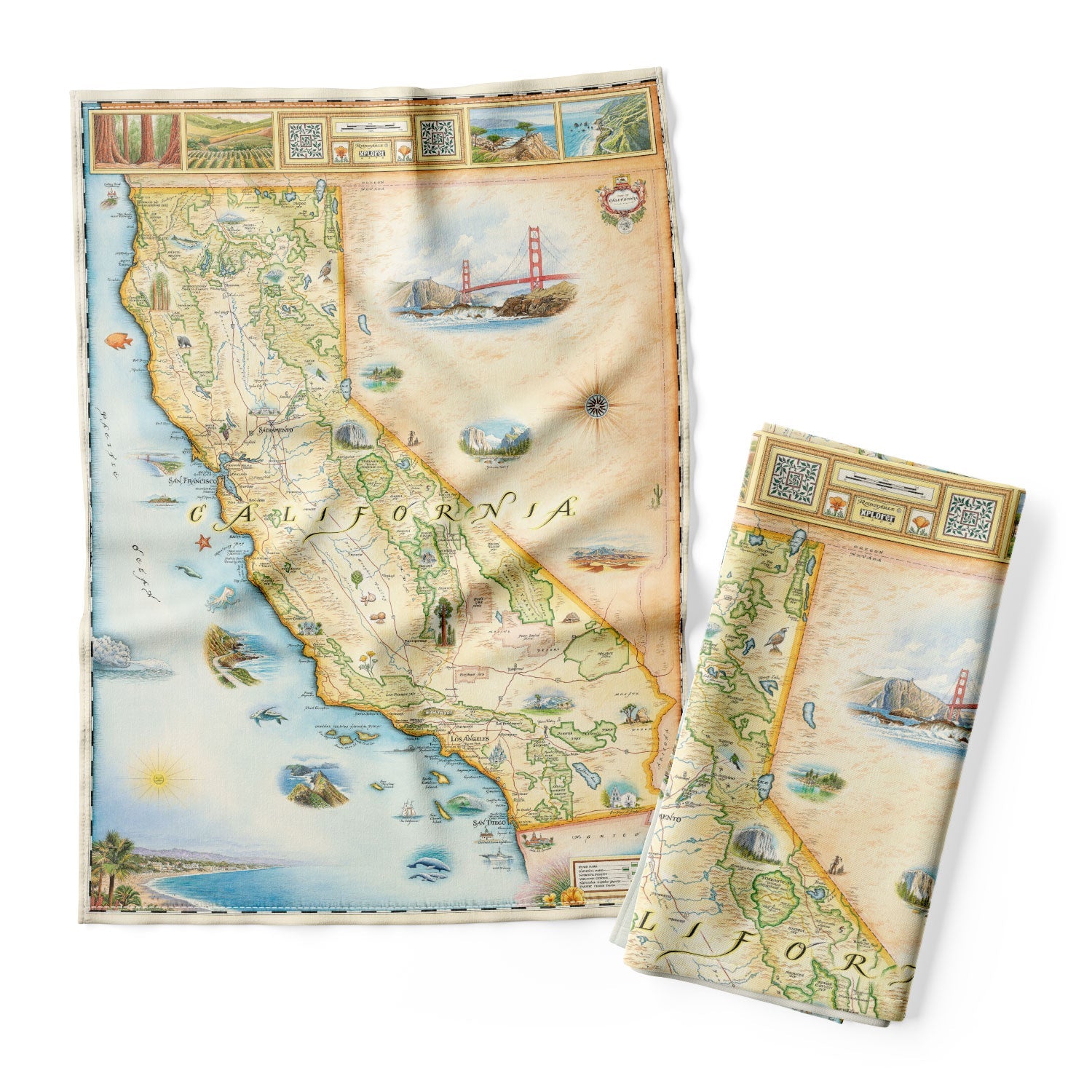 California State Map Kitchen Dishtowel in earth tones. It features birds whales, seals, otters, and butterflies. Cultural history is rich in the area with the fame of Hearst Castle, Ranchers of Montana De Oro, Dunites of Oceano Dunes, and Native people that have lived on this land for thousands of years from San Francisco to Los Angeles. Some cities you will find are Arroyo Grande, San Luis Obispo, Morro Bay, and Paso Robles.