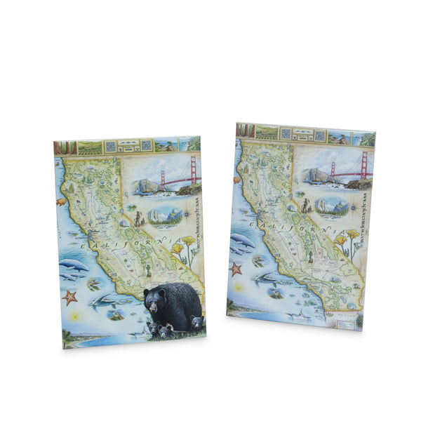 California State Map Magnet in earth tones. Featuring black bear, fish, San Francisco, ocean, beach, and Redwood Trees.