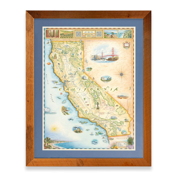 California hand-drawn map in a Montana Flathead Lake reclaimed larch wood frame and blue mat. 