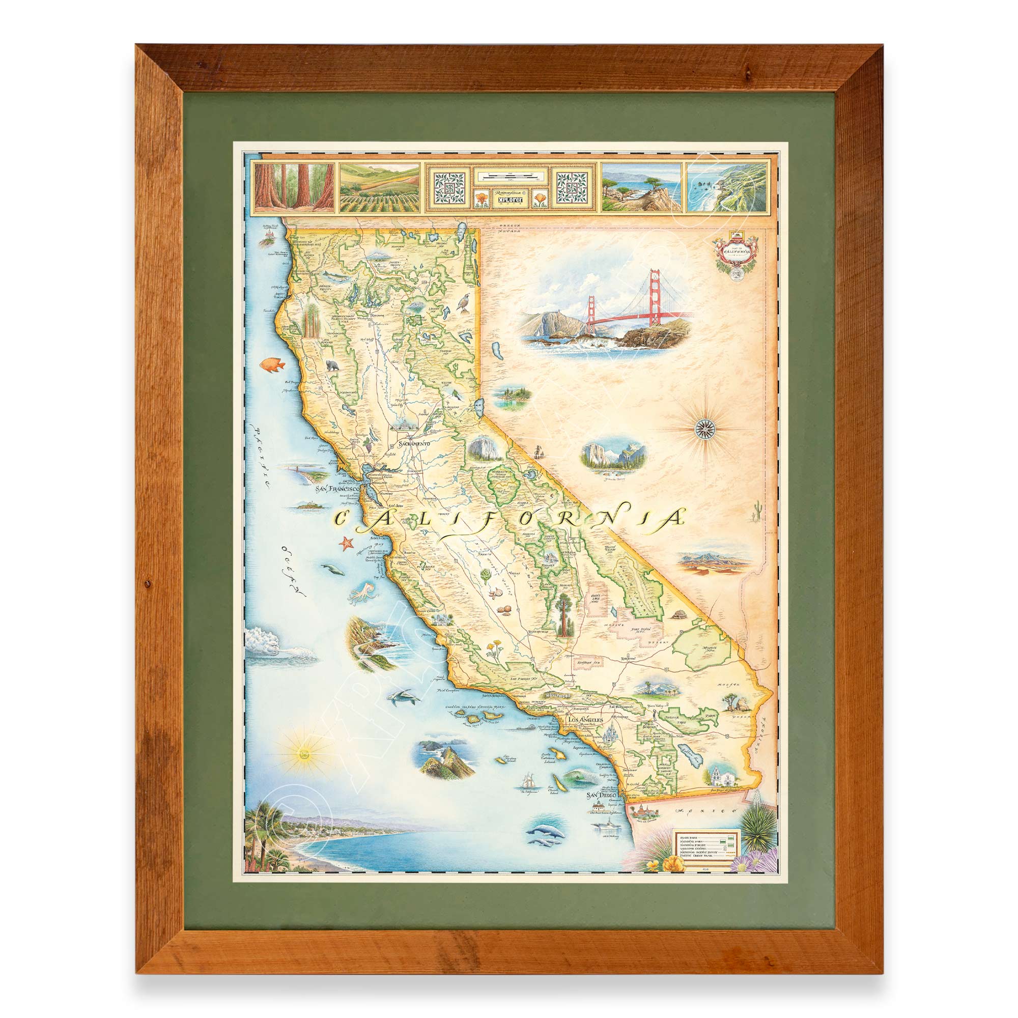 California hand-drawn map in a Montana Flathead Lake reclaimed larch wood frame and green mat. 