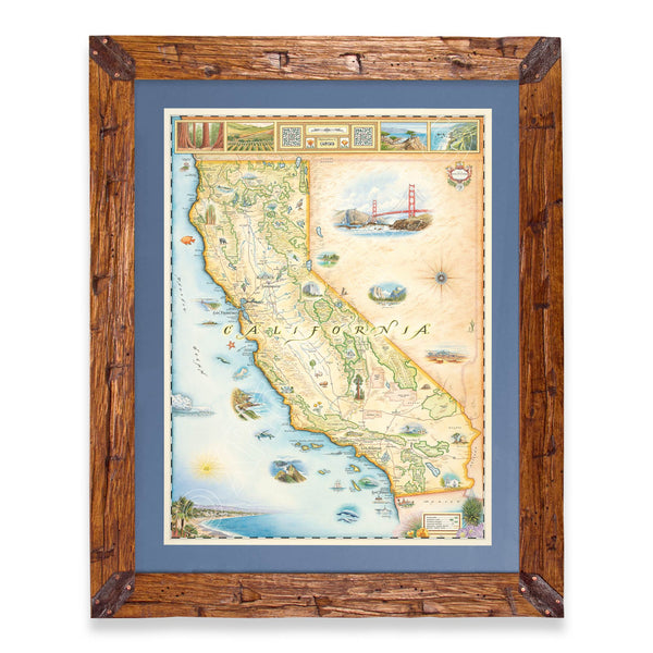 California hand-drawn map in a Montana hand-scraped pine wood frame with blue mat.