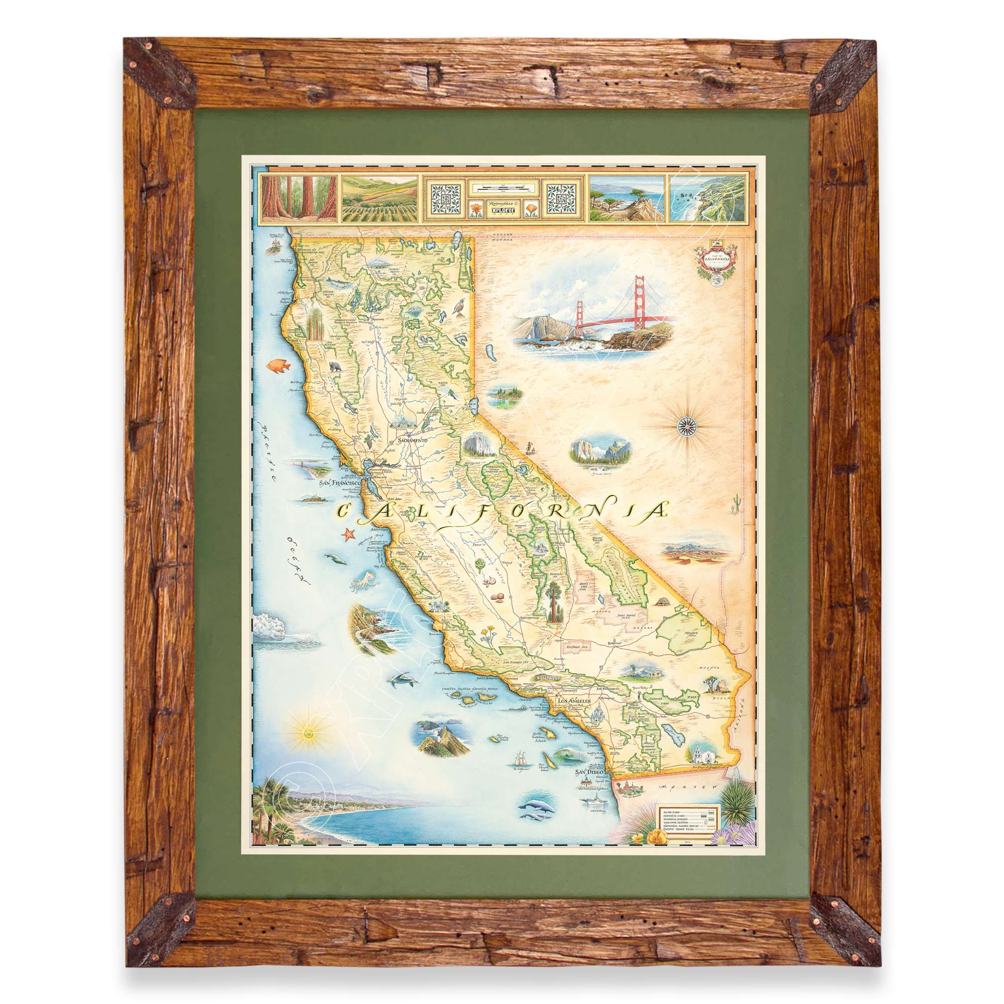 California hand-drawn map in a Montana hand-scraped pine wood frame with green mat.