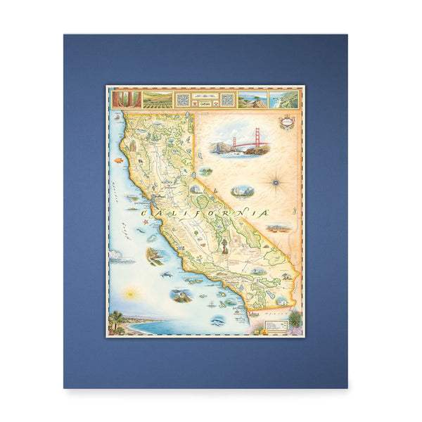 Blue Pre-matted California State Mini-Map by Xplorer Maps. It highlights major cities like Sacramento, San Francisco, Los Angeles, San Diego, and Hollywood. The map also includes illustrations of various aquatic life, such as whales, sea turtles, and different fish species. Additionally, it features popular national parks and attractions like Yosemite, Sequoia, Disneyland, Redwood Forest, Golden Gate Bridge, and Death Valley.