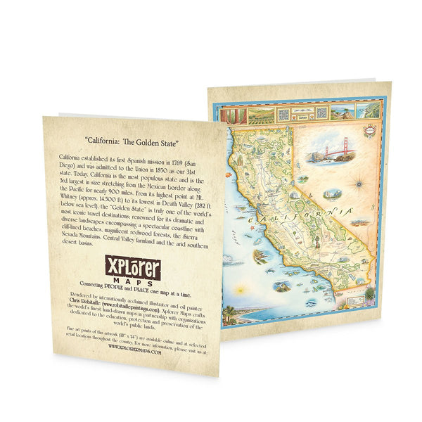 California State Map blank notecards in earth tones. Featuring black bear, fish, San Francisco, ocean, beach, and Redwood Trees. Set of 12