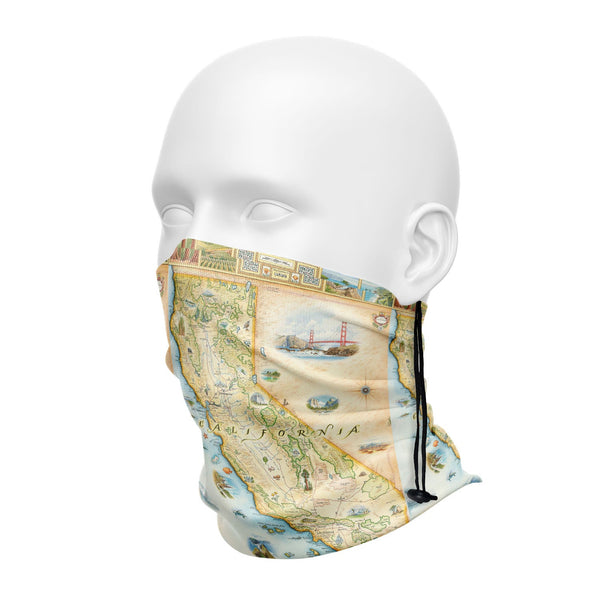 California State Map neck and face gaitors in earth tones. Featuring black bear, fish, San Francisco, ocean, beach, and Redwood Trees.