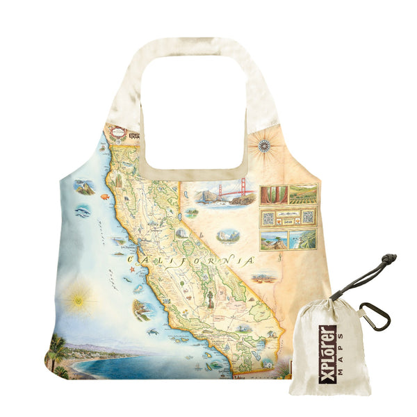 California State Map Pouch Tote Bag by Xplorer Maps. Featuring birds whales, seals, otters, and butterflies. Cultural history is rich in the area with the fame of Hearst Castle, Ranchers of Montana De Oro, Dunites of Oceano Dunes, and Native people that have lived on this land for thousands of years from San Francisco to Los Angeles. Some cities you will find are Arroyo Grande, San Luis Obispo, Morro Bay, and Paso Robles.
