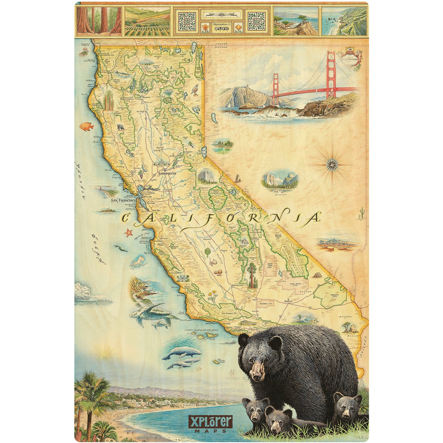 California State Map wood sign in earth tones. Featuring black bear, fish, San Francisco, ocean, beach, and Redwood Trees. 