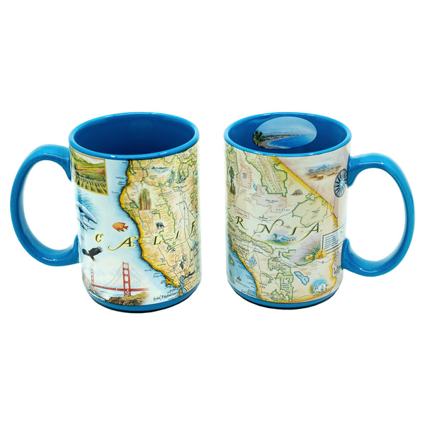 Two North California State Map Ceramic Mug. Featuring Golden Gate Bridge, black bear, fish, San Francisco, ocean, beach, and Redwood Trees. Blue -16oz