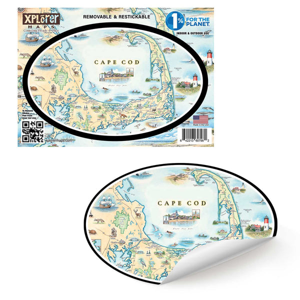 Cape Cod Map sticker in earth tone colors. Featuring Plymouth Rock, fish, crane, fox, Provincetown, canoeing, biking, beach, lighthouse, and ocean.