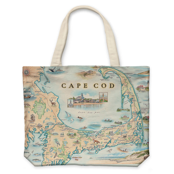 Massachusetts' Cape Cod map canvas tote bag in earth-tone colors. Featuring Fairhaven, Plymouth Rock, Martha Vineyard, and Nantucket Sound and lighthouses. Illustrations of flora and fauna include birds, fish, a crane, a fox, and activities like canoeing, fishing, boating, and biking.