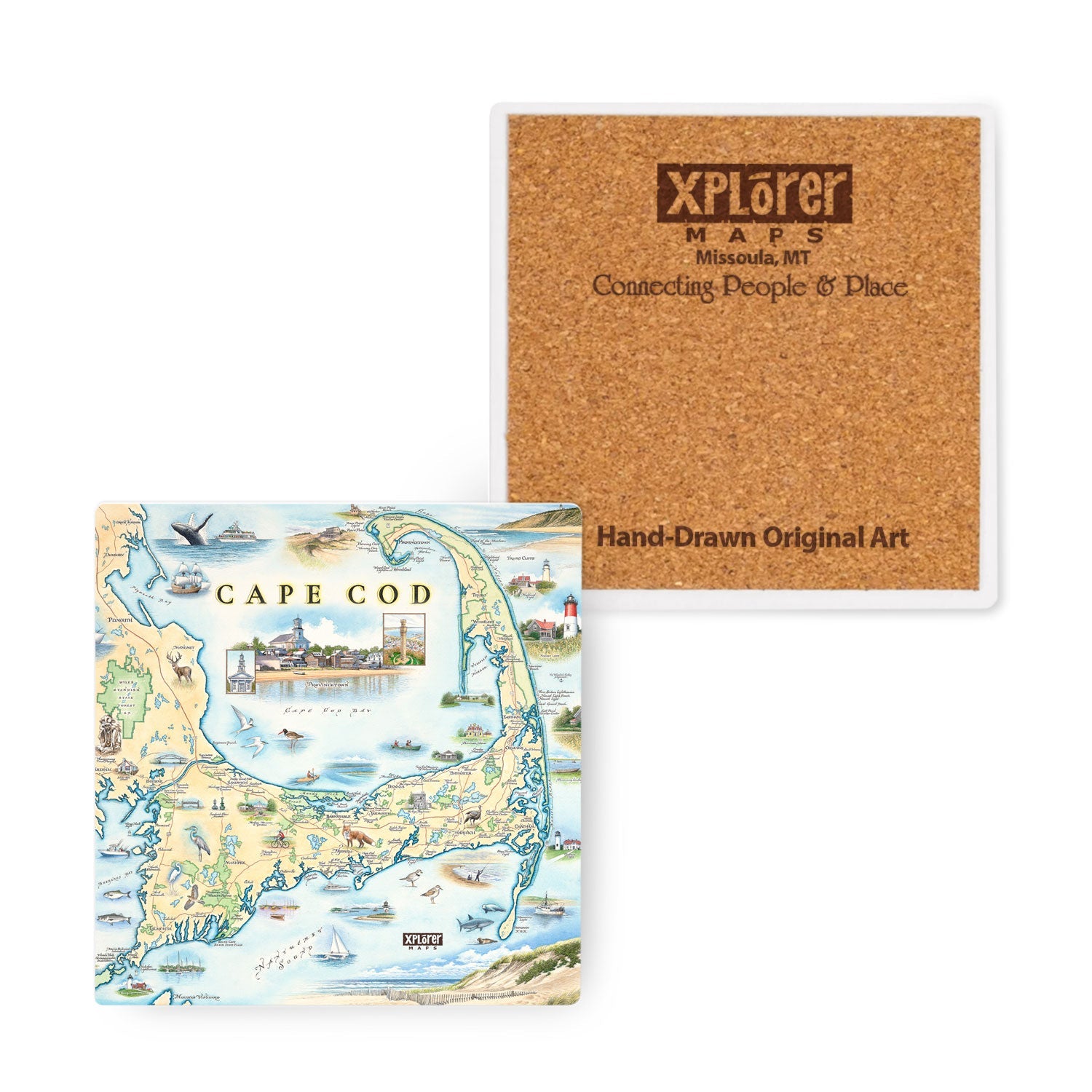 Massachusetts' Cape Cod Map ceramic coasters in earth tone colors of blues and beiges. Featuring Plymouth Rock, fish, crane, fox, Provincetown, canoeing, biking, beach, and ocean.