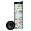 Cape Cod Map 16 oz travel drinkware in earth tone colors. Featuring lighthouse, sailboats, fish, dolphins, fox, beach.