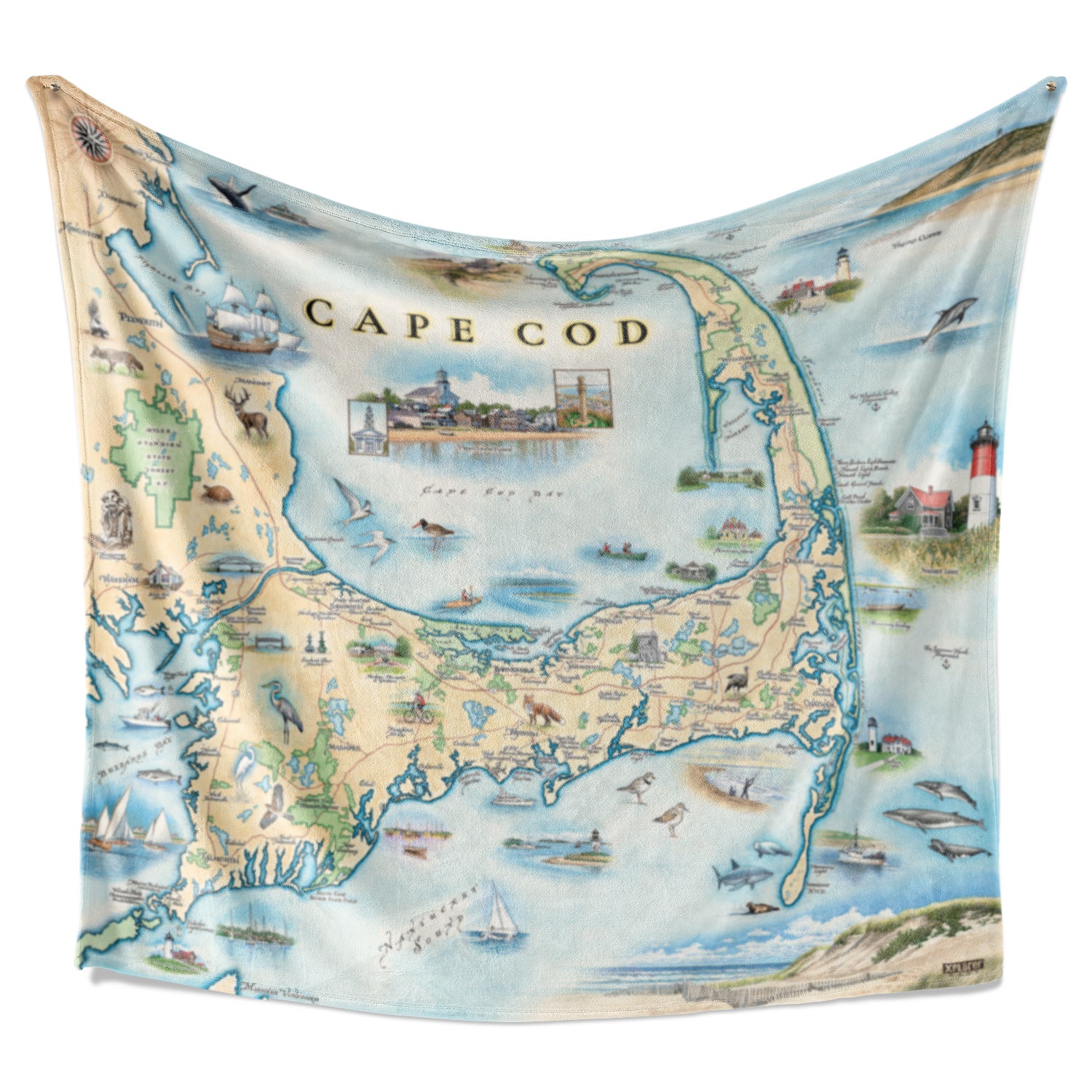 Hanging fleece blanket. A full-color map of Cape Cod on a warm fleece blanket. Measures 50