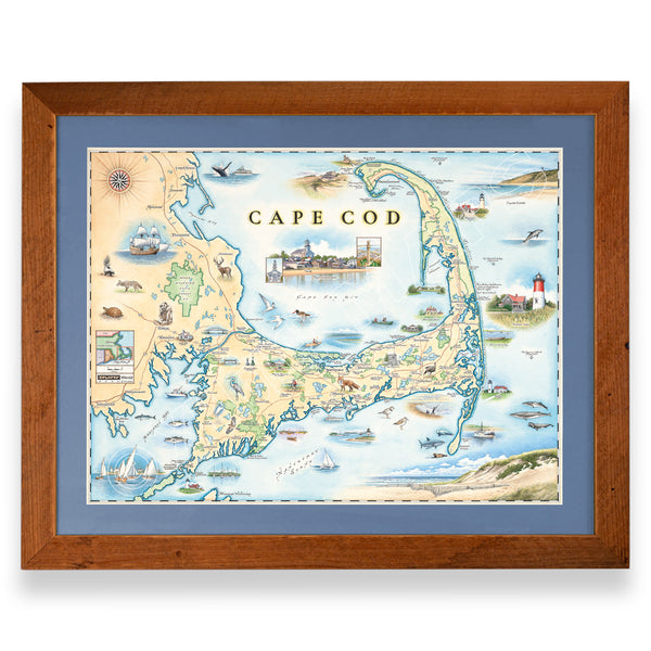 Massachusetts' Cape Cod hand-drawn map in a Montana Flathead Lake reclaimed larch wood frame and blue mat. 