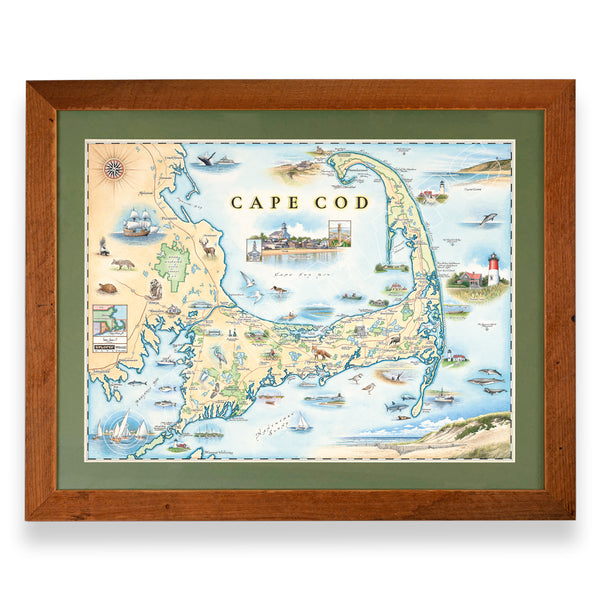Massachusetts' Cape Cod hand-drawn map in a Montana Flathead Lake reclaimed larch wood frame and green mat. 