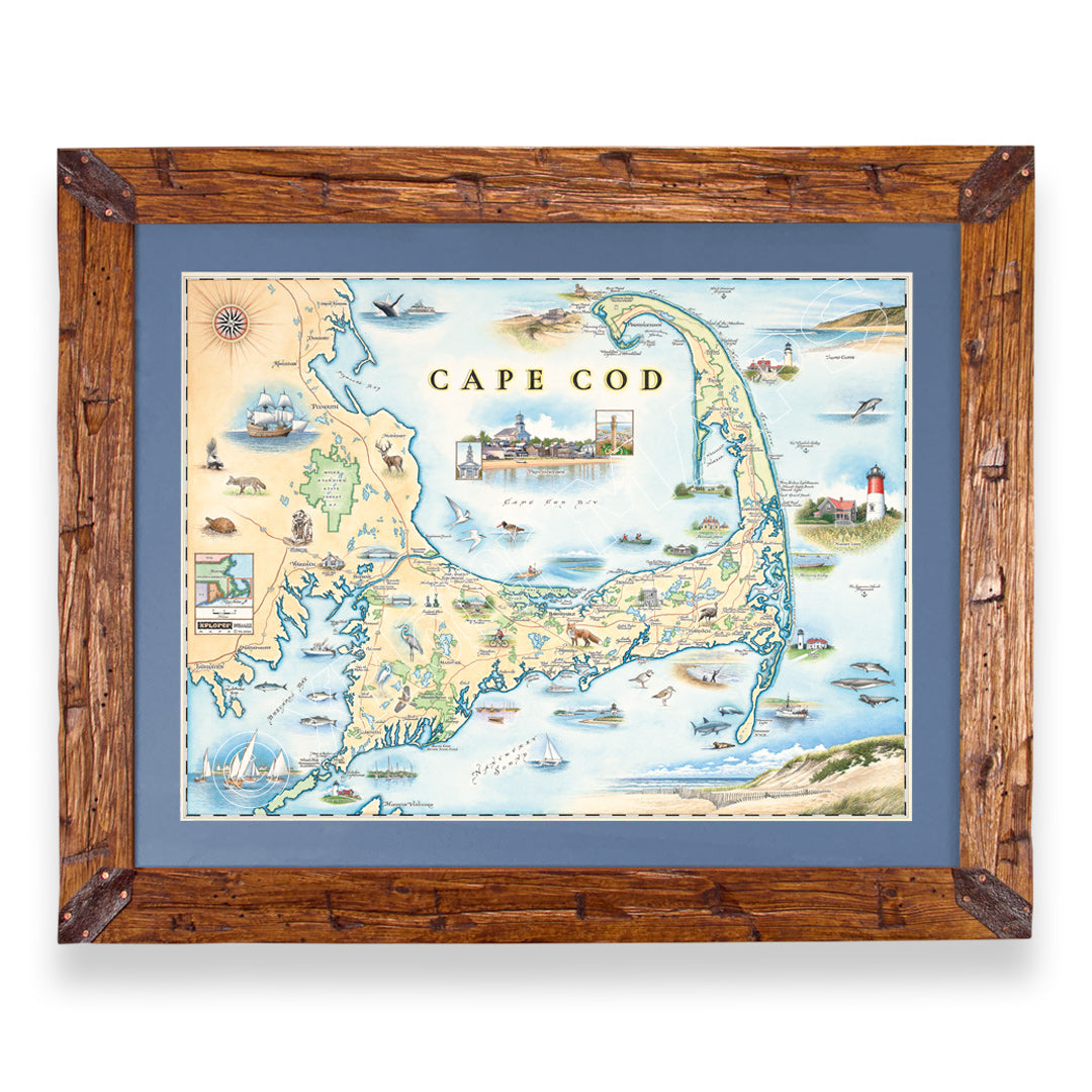 Massachusetts' Cape Cod hand-drawn map in a Montana hand-scraped pine wood frame with blue mat.