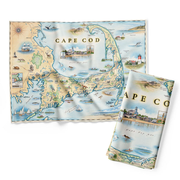 Cape Cod Map dishtowels in earth tone colors. Featuring Plymouth Rock, fish, crane, fox, Provincetown, canoeing, biking, beach, lighthouse, and ocean.