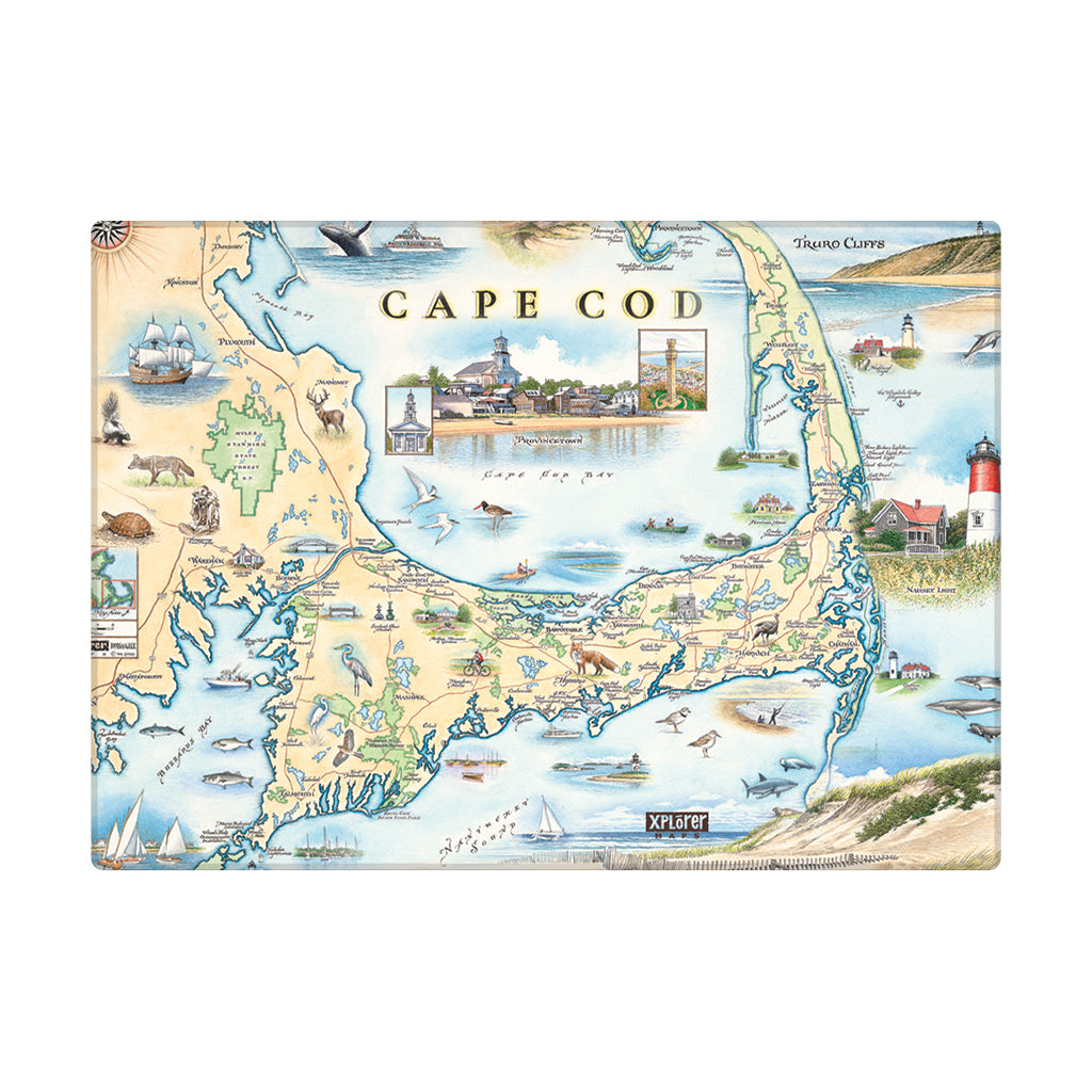 Cape Cod Map magnet in earth tone colors. Featuring Plymouth Rock, fish, crane, fox, Provincetown, canoeing, biking, beach, lighthouse, and ocean.