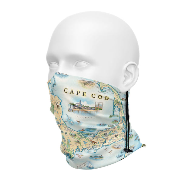 Cape Cod Map face and neck gaiter in earth tone colors. Featuring Plymouth Rock, fish, crane, fox, Provincetown, canoeing, biking, beach, lighthouse, and ocean.