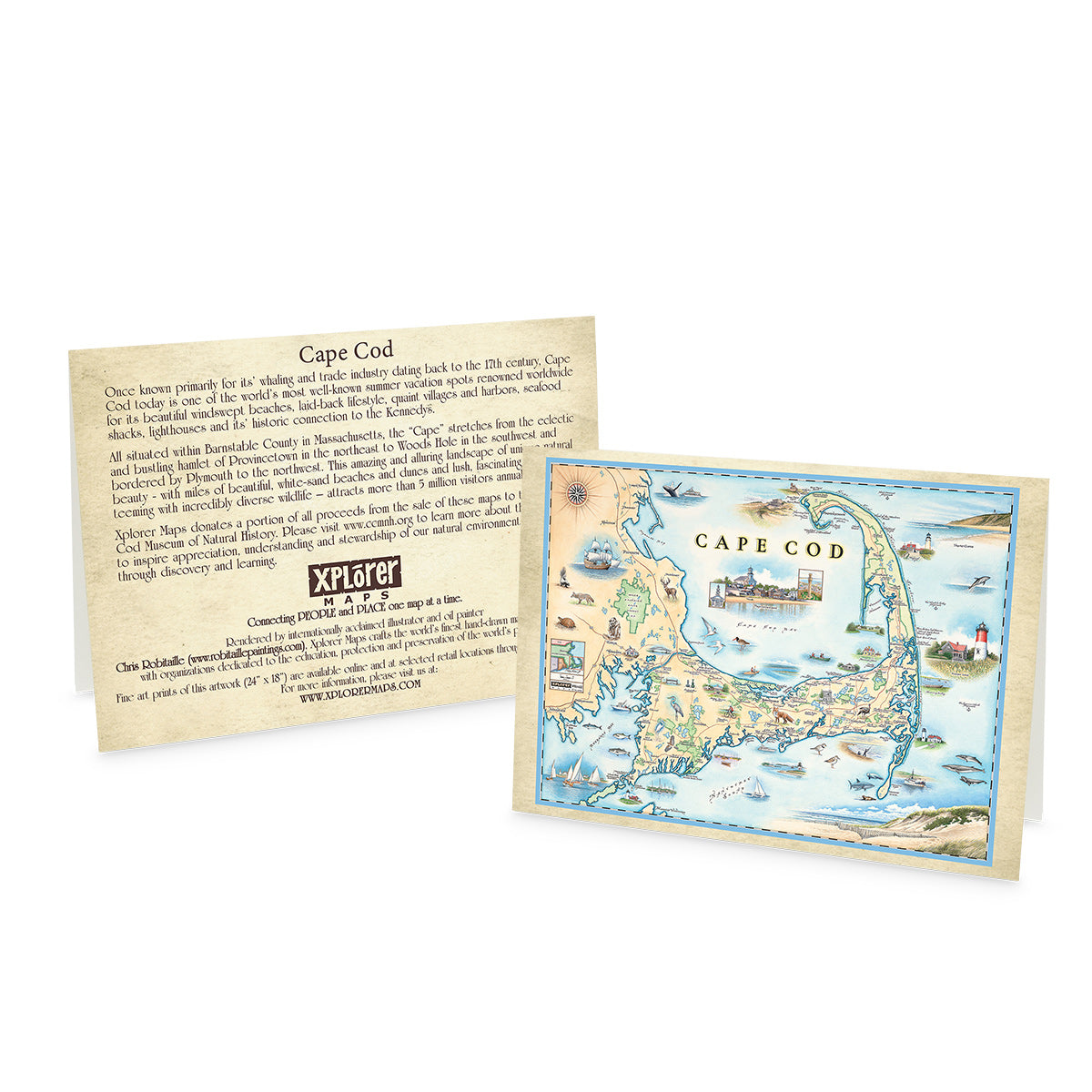 Cape Cod Map blank notecards in earth tone colors. Featuring Plymouth Rock, fish, crane, fox, Provincetown, canoeing, biking, beach, lighthouse, and ocean. Set of 12