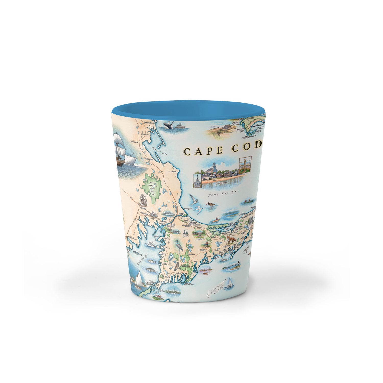 Massachusetts' Cape Cod Map ceramic shot glass in earth tone colors of blues and beiges. Featuring Plymouth Rock, fish, crane, fox, Provincetown, canoeing, biking, beach, and ocean.