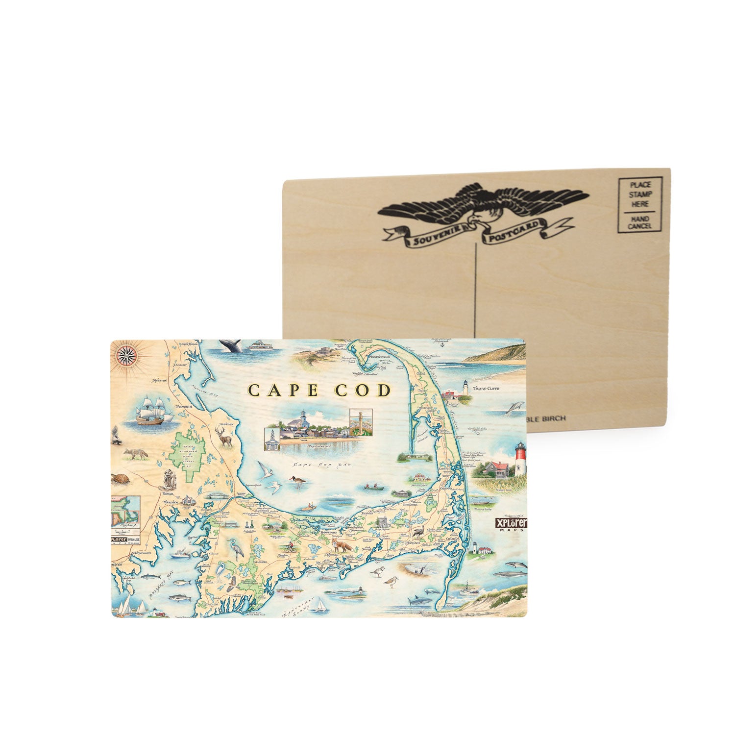 Cape Cod Map mailable wooden postcards in earth tone colors. Featuring Plymouth Rock, fish, crane, fox, Provincetown, canoeing, biking, beach, lighthouse, and ocean.