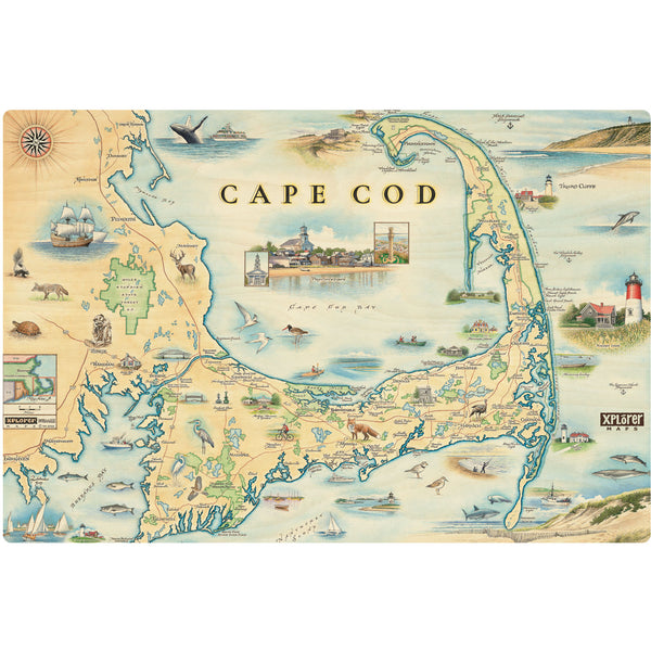 Cape Cod Map Wood Sign in earth tone colors. Featuring Plymouth Rock, fish, crane, fox, Provincetown, canoeing, biking, beach, lighthouse, and ocean.