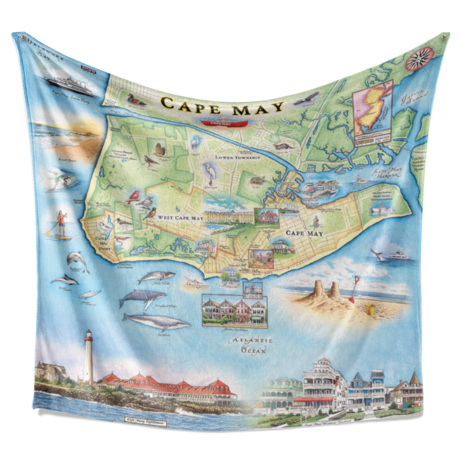Hanging fleece blanket with a map of Cape May in New Jersey. The map features lighthouse, historic district, and flora and fauna. Measures 50