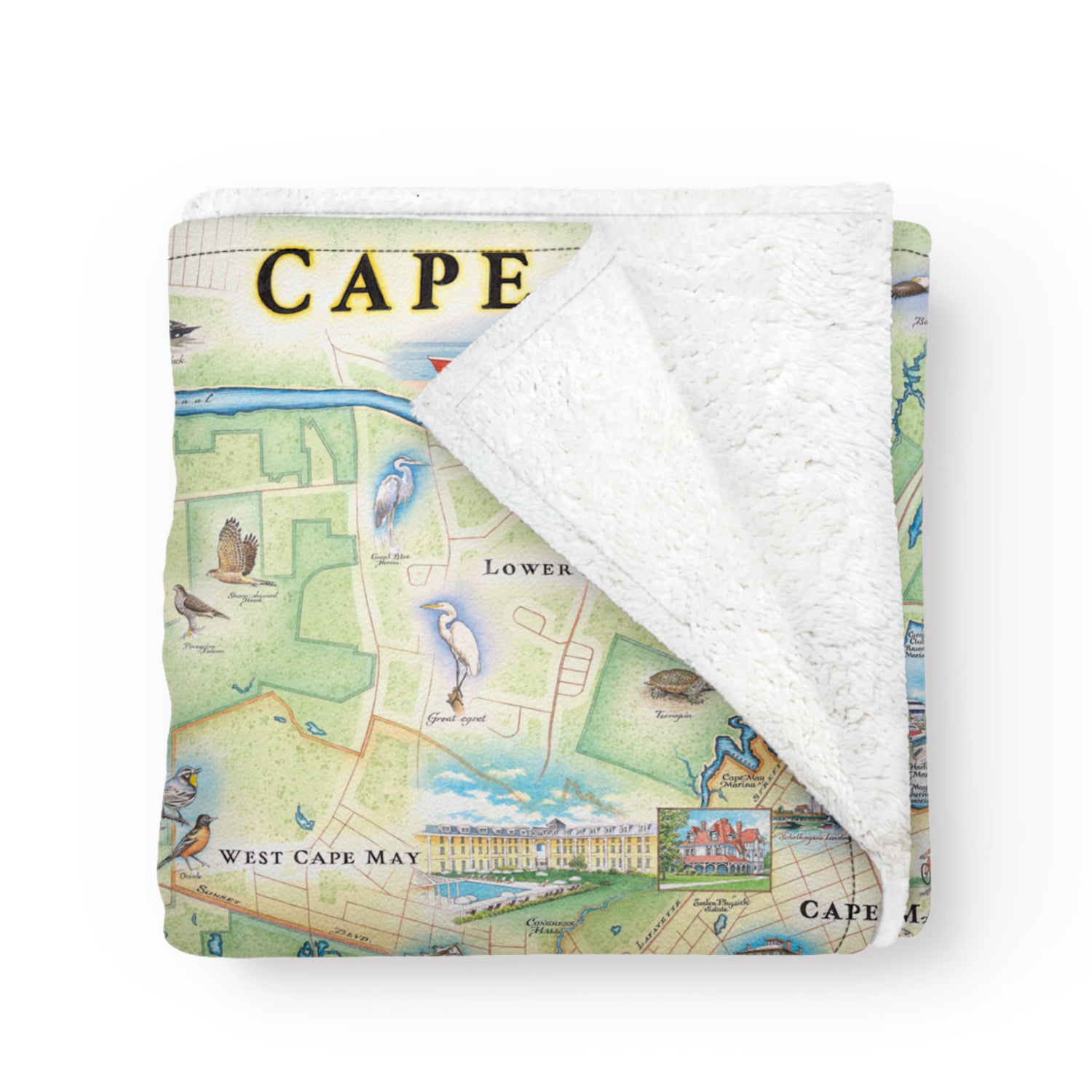 Cape May Map Fleece Blanket in earth tone colors. Featuring Plymouth Rock, fish, crane, fox, beach, lighthouse, and ocean. Measures 50