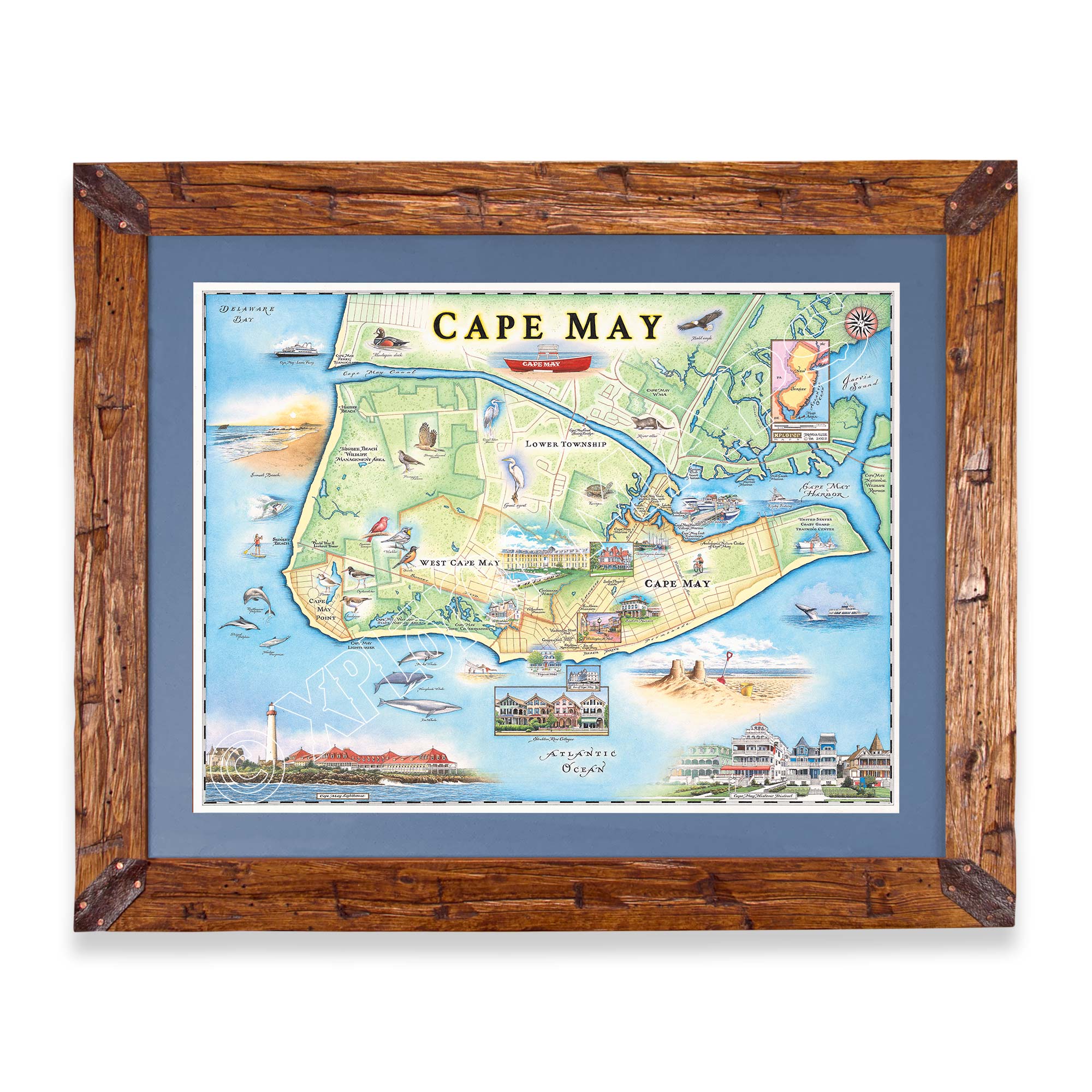 New Jersey's Cape May hand-drawn map in a Montana hand-scraped pine wood frame with blue mat.