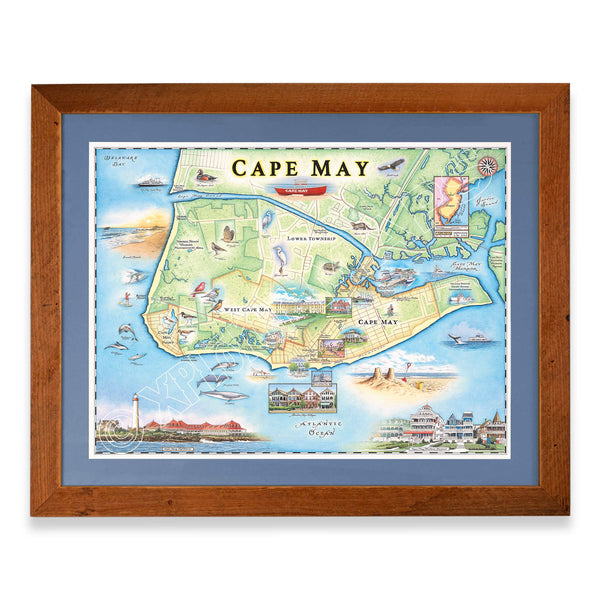 New Jersey's Cape May hand-drawn map in a Montana Larch wood frame with blue mat. 