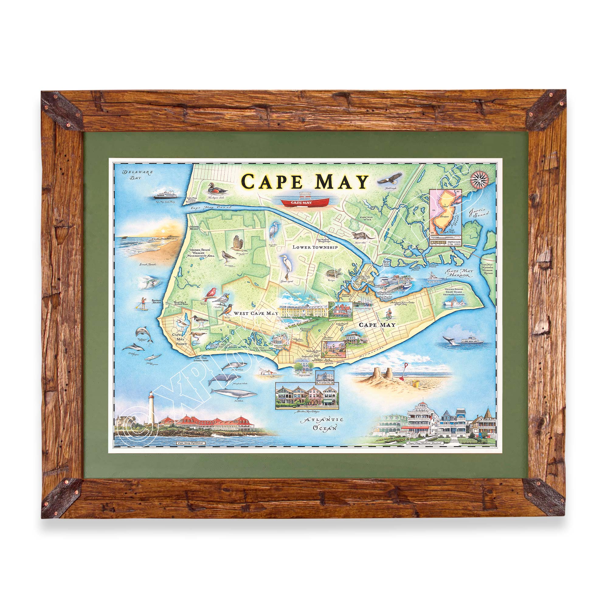 New Jersey's Cape May hand-drawn map in a Montana hand-scraped pine wood frame with green mat.