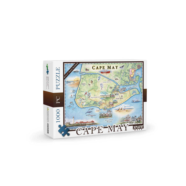 New Jersey's Cape May 1000-piece puzzle. Featuring lighthouses, Atlantic Ocean, Beaches, dolphins, sea birds, sand castles, and fish. 