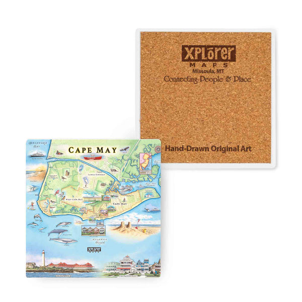  4" x 4" New Jersey's Cape May Map Ceramic Coasters - Xplorer Maps in earth tones of blue and green. The map features heron and whale species. Map features Cape May, Lower Township, and West Cape May. Cape May Harbor, Congress Hall, Washington St. Mall, and Cape May Bird Observatory. 