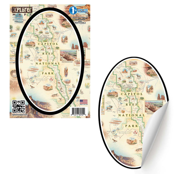 Utah's Capitol Reef National Park Map sticker in earth tones. Featuring Claret Cup Cactus, Narrowleaf Yucca, Prince's Plume, and the Two-Needle Pinyon Pine. Detailed depictions of landmarks and geographic wonders like the Lower Muley Twist Canyon, Capitol Gorge, and Hickman Natural Bridge. 