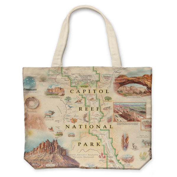 Utah's Capitol Reef National Park Canvas Tote Bag in earth tones. Featuring Claret Cup Cactus, Narrowleaf Yucca, Prince's Plume, and the Two-Needle Pinyon Pine. Detailed depictions of landmarks and geographic wonders like the Lower Muley Twist Canyon, Capitol Gorge, and Hickman Natural Bridge.  
