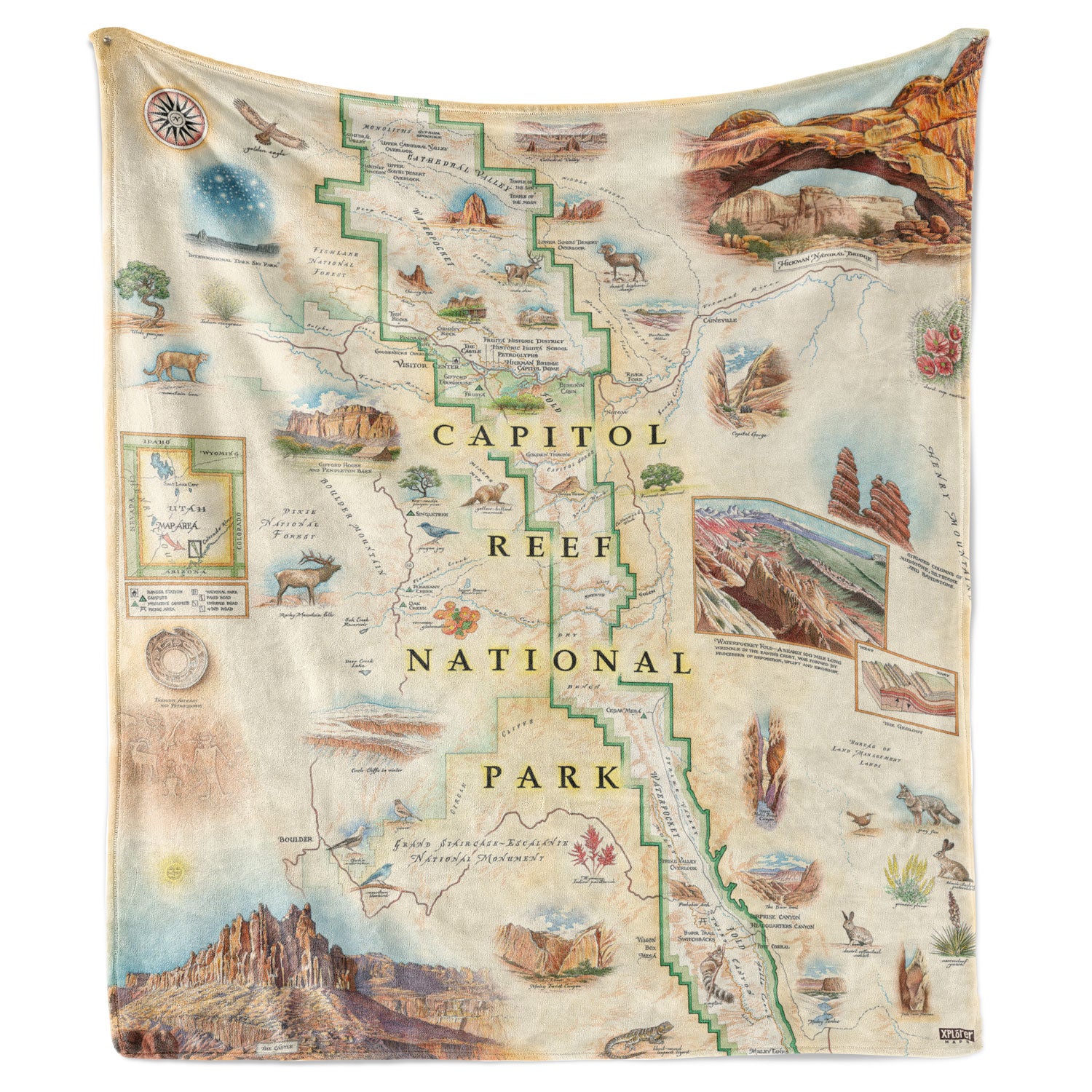 Hanging fleece blanket with Capitol Reef National Park map hand drawn and painted. Measures 58