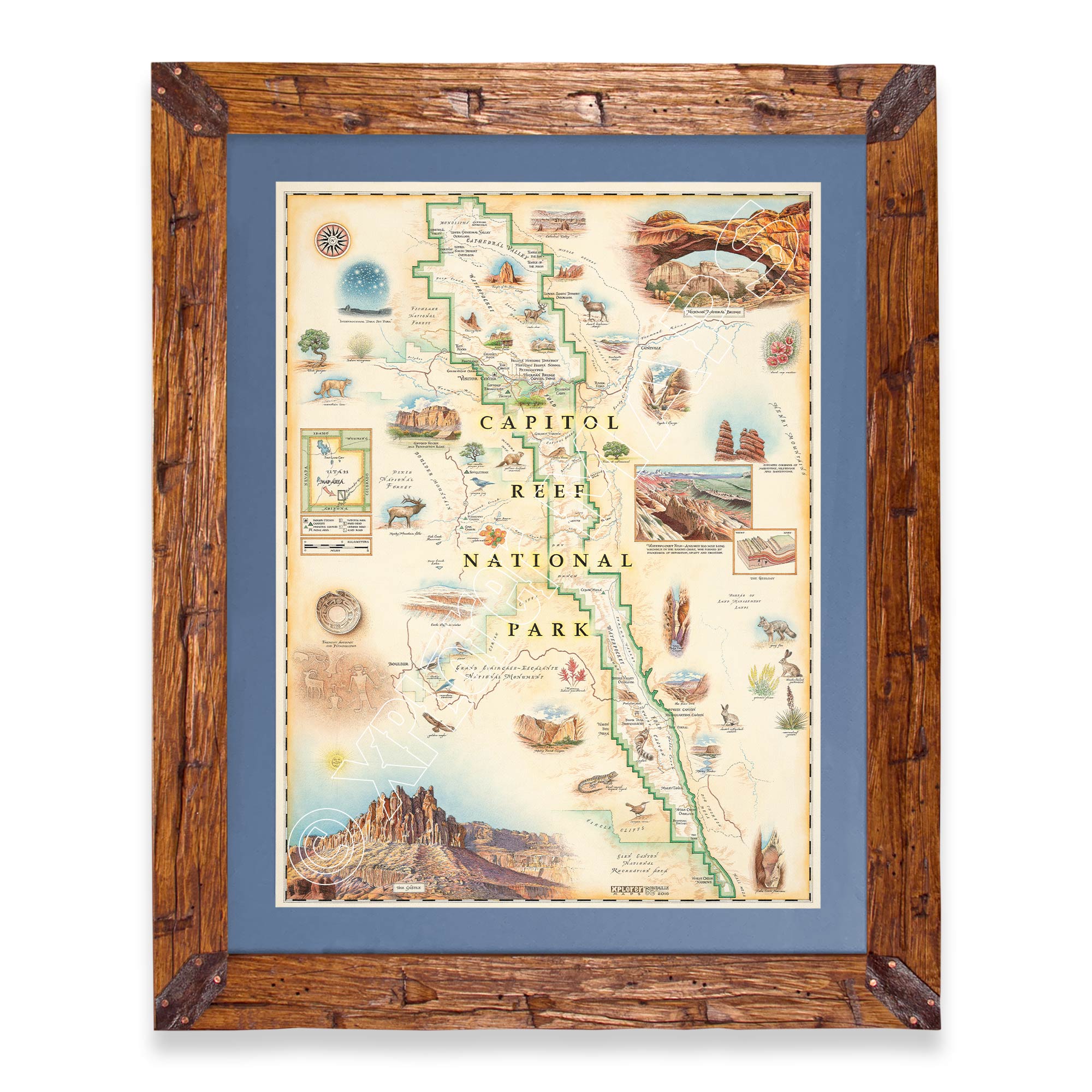 Utah's Capitol Reef National Park hand-drawn map in a Montana hand-scraped pine wood frame with blue mat.