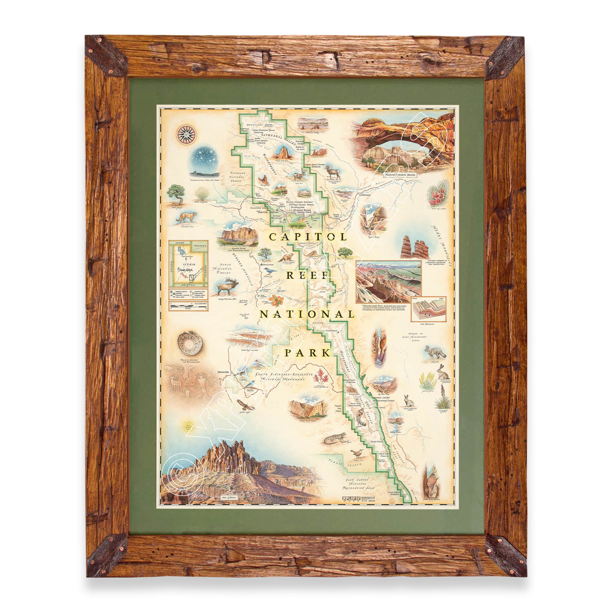 Utah's Capitol Reef National Park hand-drawn map in a Montana hand-scraped pine wood frame with green mat.