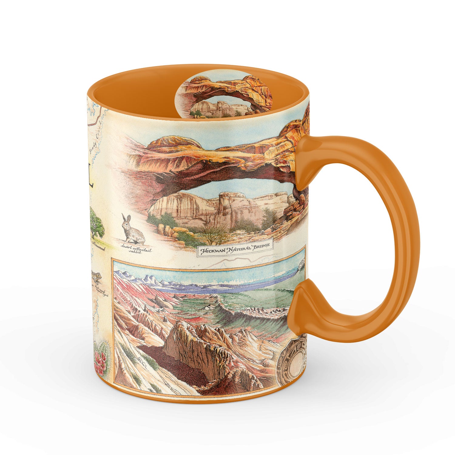 Utah's Capitol Reef National Park Map Ceramic Mug in orange and earth tone colors. Featuring Claret Cup Cactus, Narrowleaf Yucca, Prince's Plume, and the Two-Needle Pinyon Pine. Detailed depictions of landmarks and geographic wonders like the Lower Muley Twist Canyon, Capitol Gorge, and Hickman Natural Bridge.