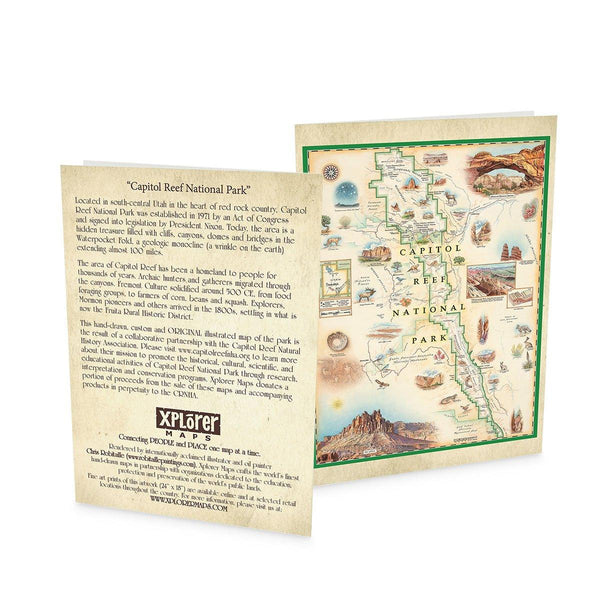 Utah's Capitol Reef National Park Map Notecards in earth tones. Featuring Claret Cup Cactus, Narrowleaf Yucca, Prince's Plume, and the Two-Needle Pinyon Pine. Detailed depictions of landmarks and geographic wonders like the Lower Muley Twist Canyon, Capitol Gorge, and Hickman Natural Bridge.  Set of 12 